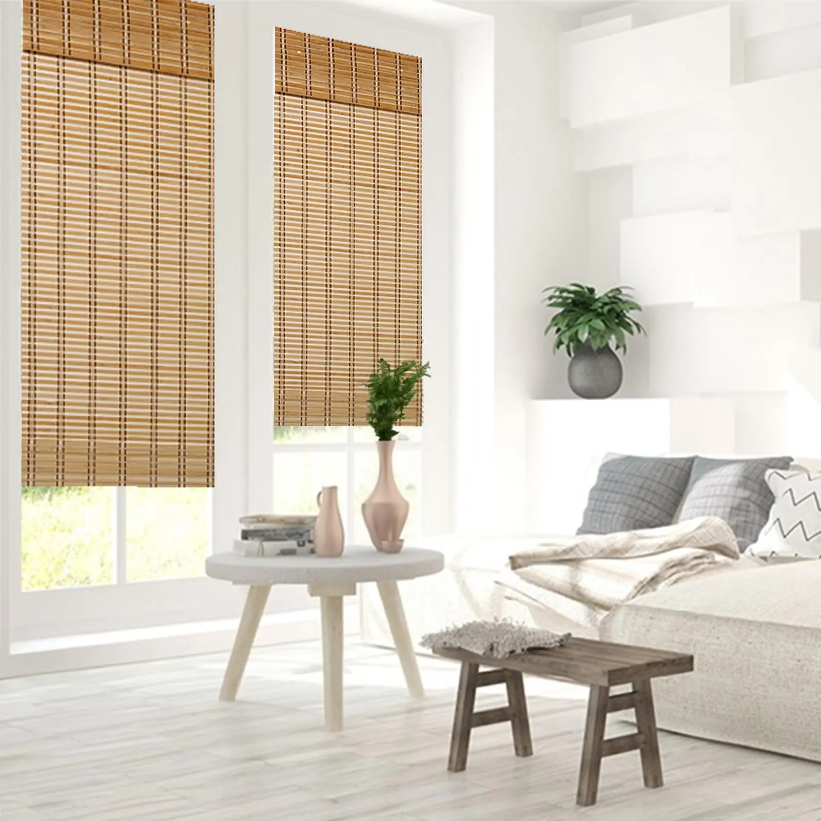 THY COLLECTIBLES Cordless Lift Bamboo Blinds - 8" Valance, Soft Light Filter, Anti-Ultraviolet, Heat Reduction, Durable Natural Bamboo Weave Beige Patterned Indoor Sunshades with Multi-Size Options, Cordless Smooth Lift