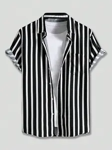 1pc Men's Vertical Striped Shirt Black & White Short Sleeve Button Down Tee Slim Fit Casual Business Top for Office & Daily Wear Summer Fashion