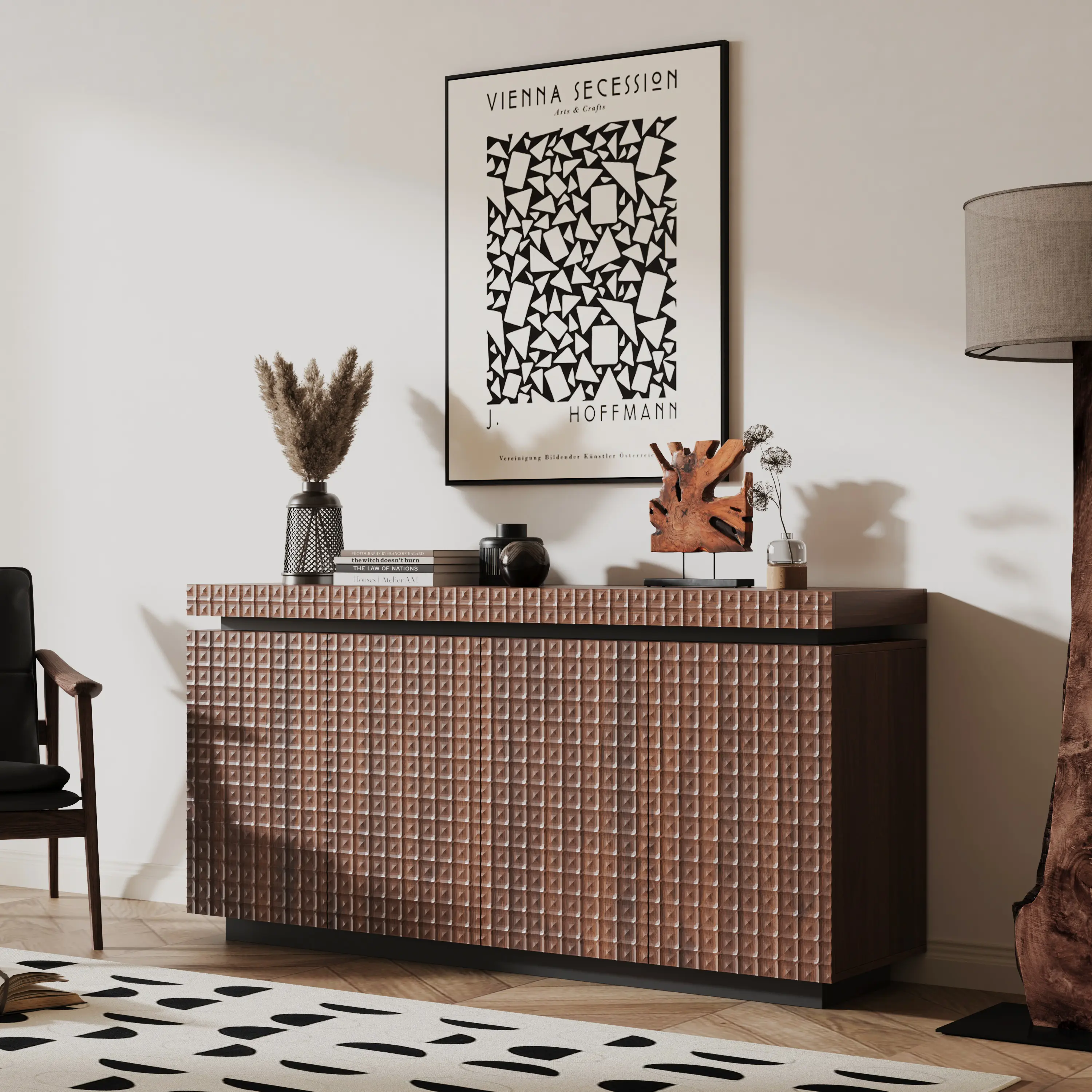 Sideboard Buffet Cabinet,Modern Accent Storage Sideboard, Luxurious Floor Cabinet Buffet with Freestanding Anti Dumping for Kitchen, Living Room, Entryway, Hallway,58.3" Wide 4-Door Sideboard(Brown)