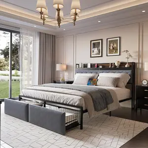 【Christmas Gift】Grey King size bed   Bed Frame, Upholstered Platform Bed Frame With RGB LED Lights, Charging Station And 2 Storage Drawers, Noise Free, No Box Spring Needed, Easy Assembly