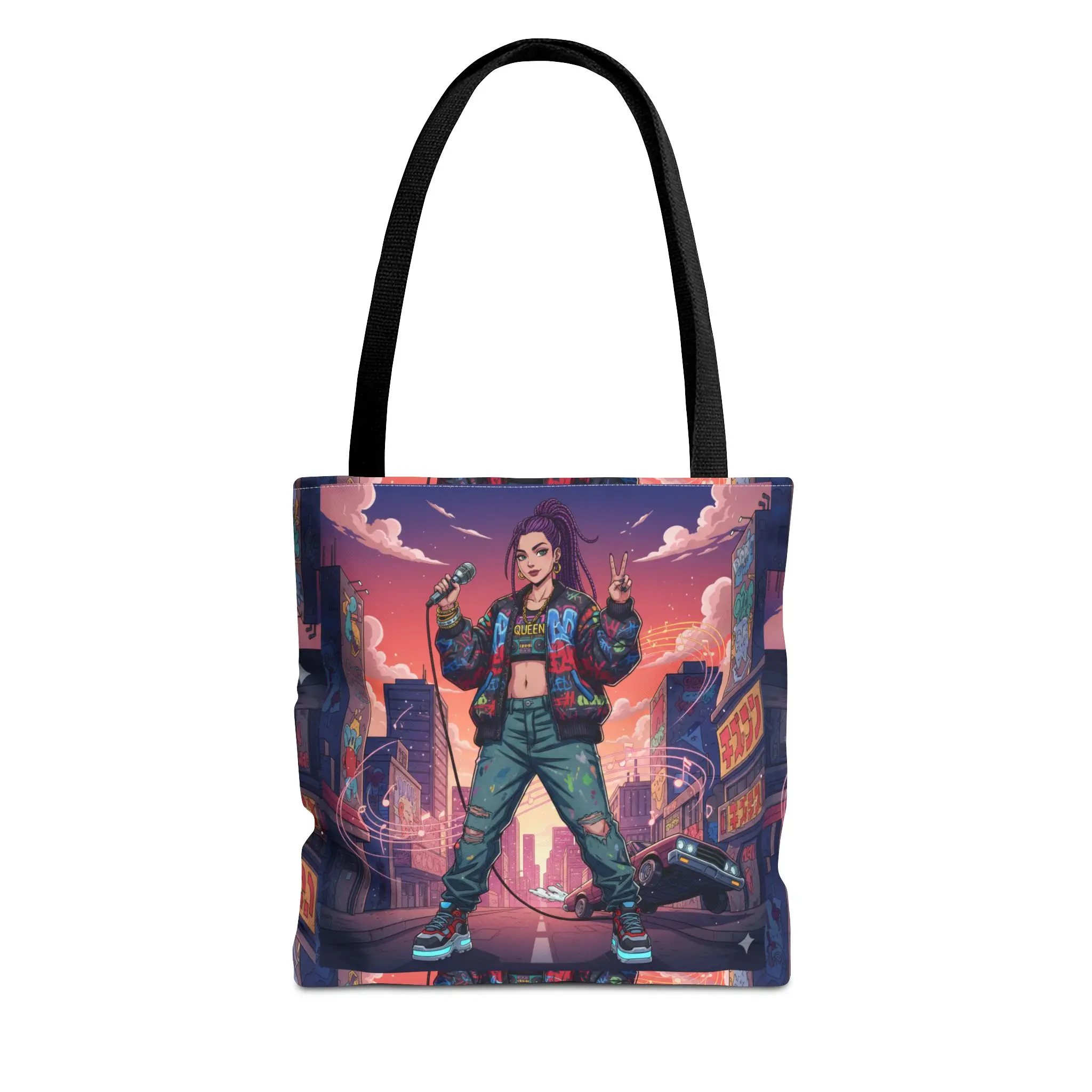 Retro Cyberpunk Girl Tote Bag | Cityscape Illustration, Vaporwave Aesthetic