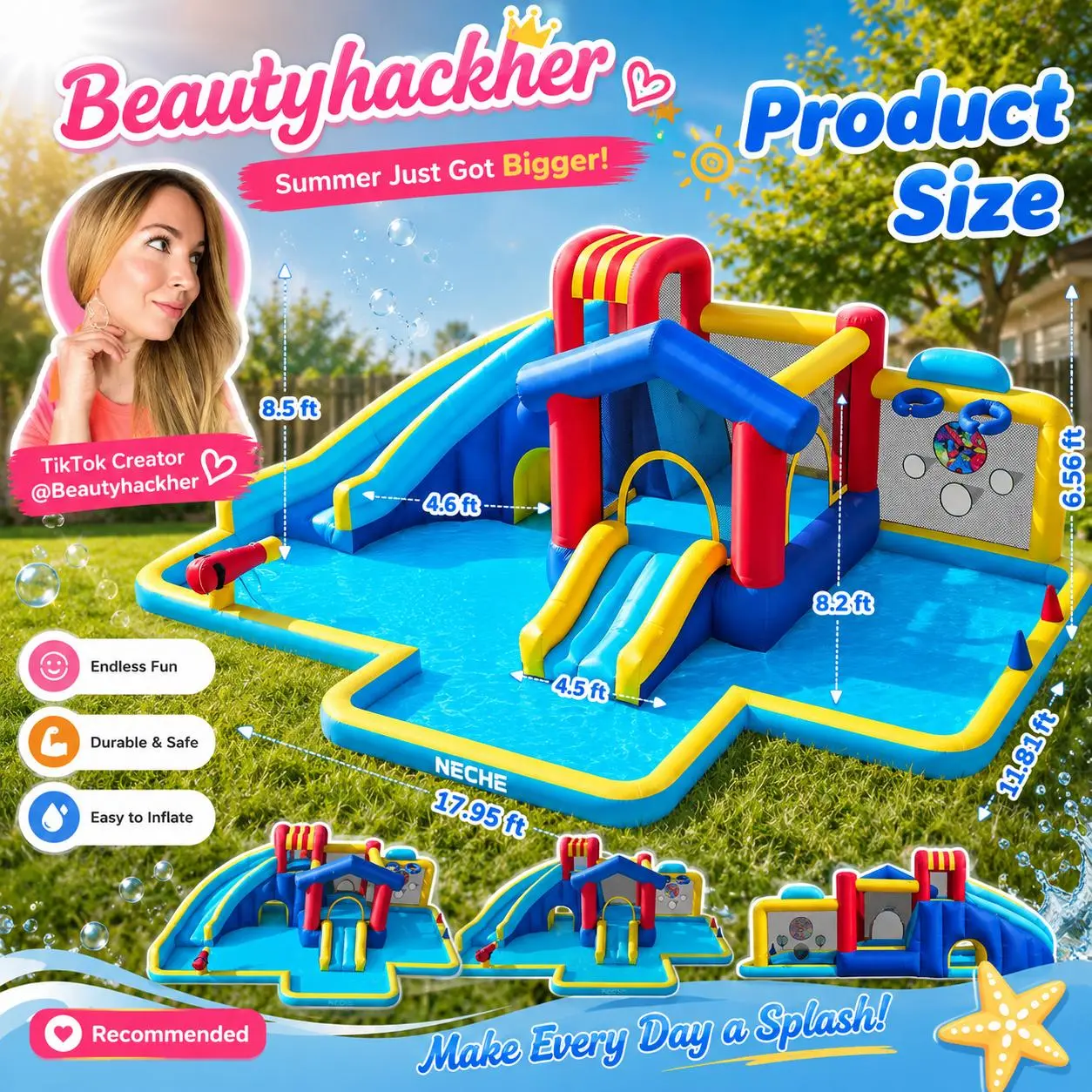 【Beautyhackher Exclusive】Inflatable Water Slide with Bouncer & Blower, 17.9ft x 8.5ft Water Park for Kids Ages 3-8, Max Weight limit 396 lbs, 99 lbs per kid, Deep Splash Pool, Water Cannon, Backyard Bounce House for 4 Kids, Indoor & Outdoor Summer Gift