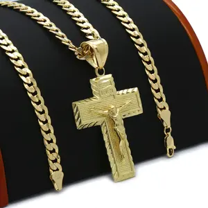 Brass Gold Plated Crucifixion of Jesus Cross Hign-End Religious Pendant Charm & 5mm 20" 24" 14K Stamped Chain Cuban Necklace Jewelry
