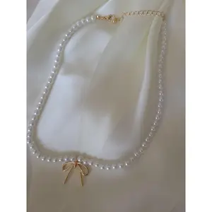 Pearl Chain Bow Charm Necklace