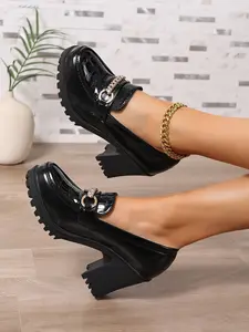 Women's Thick Sole Loafers, High-Heeled Square Heel Leather Shoes, Anti-Slip Commuter Footwear, British Style Comfortable Daily Wear