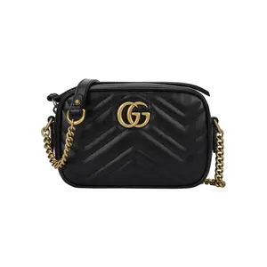 Gucci GG Marmont Distressed Gold Logo Quilted Leather Camera Bag for Women, Black