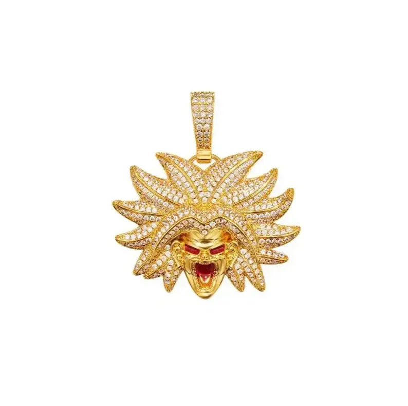 necklace with Dragon Ball character Broly pendant, trendy brand full zirconia colorful pendant with 24-inch Cuban chain, hip-hop accessory, men's necklace pendant jewelry giftGold-Plated Cuban Link Necklace