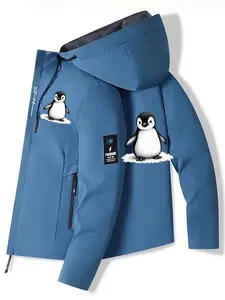 Men's Spring Fall Penguin Snowflake Print Jacket, Full Zip Hooded Outerwear, Fitted Coat, Long Sleeve Casual Apparel