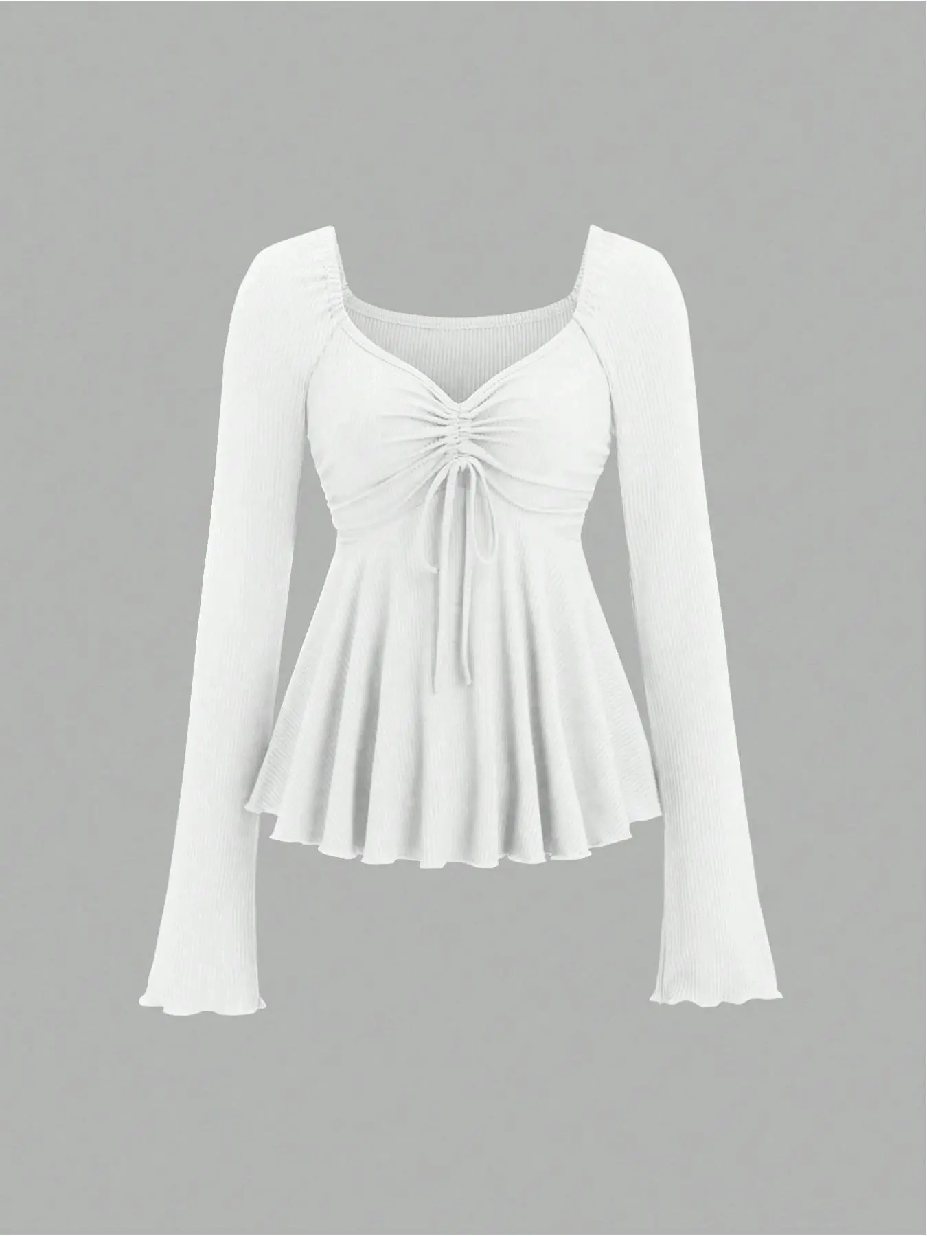 New Women's V Neck Long Sleeve Top, Drawstring Chest Design, Ruched Waist, Solid Color, Slimming Fit, Casual Fashion, Summer