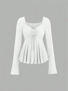 New Women's V Neck Long Sleeve Top, Drawstring Chest Design, Pleated, Ruched Waist, Solid Color, Slimming Fit, Casual Fashion, Womenswear