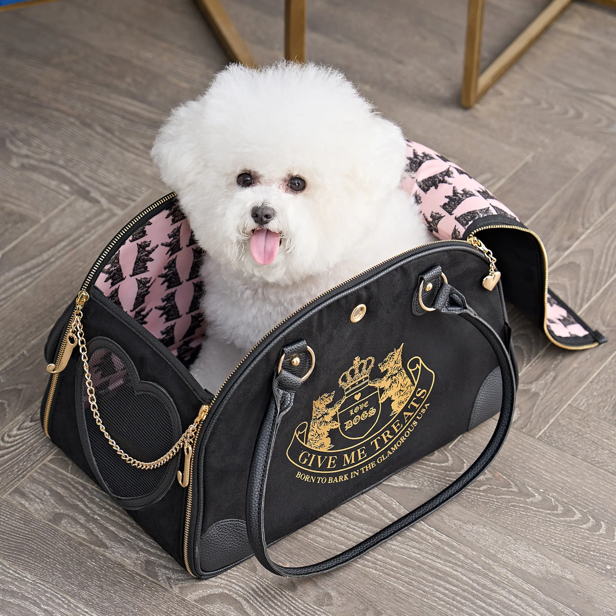 Juicy Couture Luxury Pet Carrier Backpack for Dogs & Cats - Zipper Closure, Premium Hardware, Detailed Gold Charms, Travel-Friendly for Paws & Treats Storage
