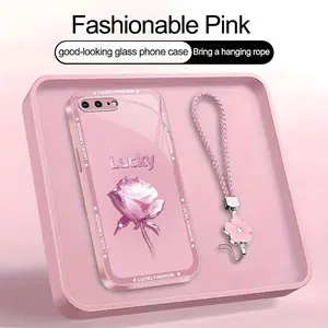 Suitable for [iPhone 8 Plus] high-end women's phone case🥰，a beautiful four-leaf clover lanyard is included🍀，A simple yet sophisticated rose motif—bringing you good luck YM99