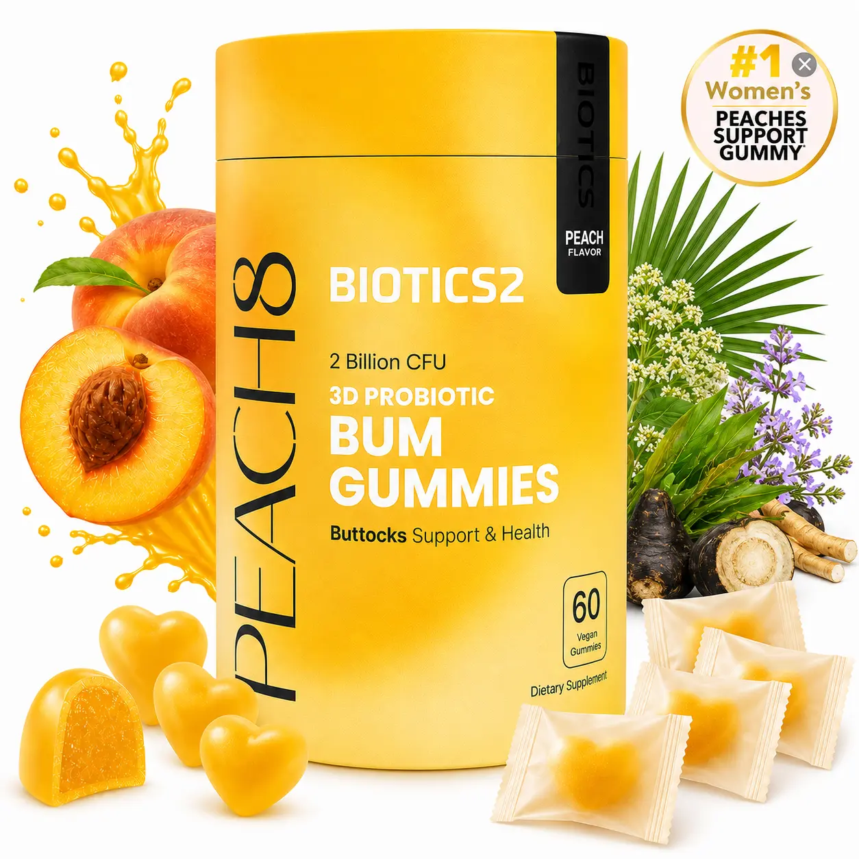 BIOTICS2 Peach8 Probiotic Gummies for Women | 2 Billion CFU with Prebiotics, Black Maca, Saw Palmetto & 8 Vitamins | Feminine Wellness & Gut Health Support | Sugar-Free Vegan Peach Gummies, 60 Count