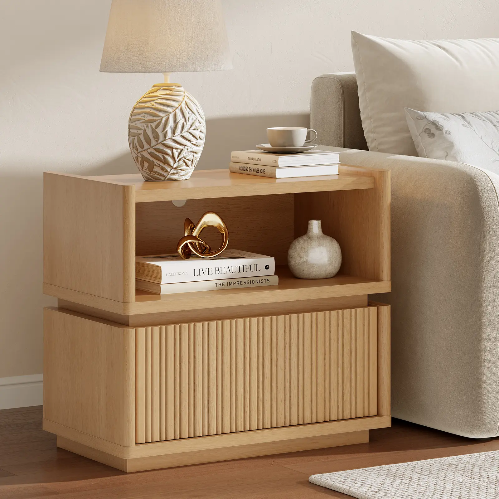 [SummerSale] Sikaic Modular Fluted Nightstand with Open Compartment and Drawers, Combinable Bedside Table, Wooden Side Table, Multi-Purpose Storage Cabinet for Bedroom, Living Room, Entryway, Natural Oak, Home Furniture, Dorm Essentials