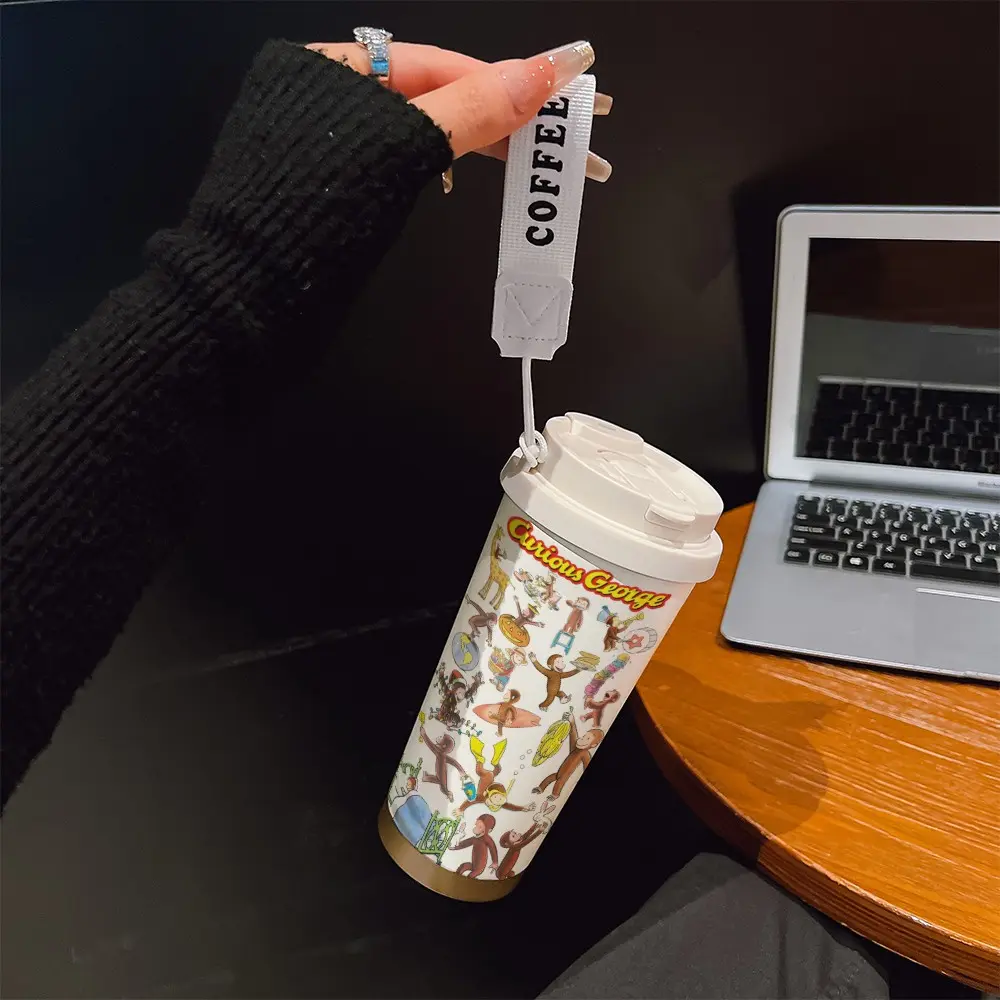 Coffee Cup 530ML Insulated Travel Mug, George Monkey Design, Dual-Layer Thermal Flask, Reusable for Coffee Tea Cold Drinks