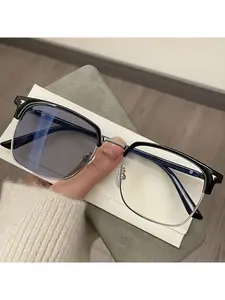 Y2K style color changing glasses, square frame, unisex, transparent lens, suitable for computer use, metal frame and temple, Trendy casual frames, Stylish square frames, Square Eyed Glasses