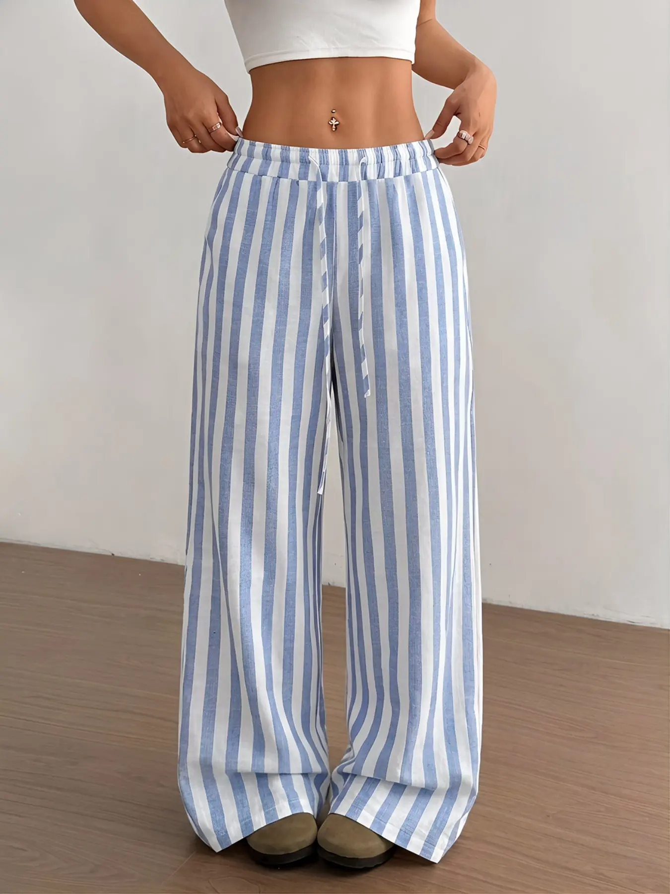 TikTok Viral Blue White Striped Wide Leg Pants - High Waist Drawstring Linen Blend Trousers, Casual Loose Fit for Summer Beach, Vacation & Everyday OOTD, Lightweight Breathable Flowy Pants for Women, Casual Fashion Bottoms, Drawstring High Rise