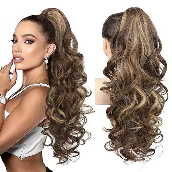 Women's Synthetic Hair Pieces Claw Clip Ponytail Hair Extension, 24in Long Curly Wavy Synthetic Hairpiece, Dark Chocolate Brown with Golden Highlights, Natural Soft Look for Daily/Party, Affordable Women's Fashion Accessory for Wife