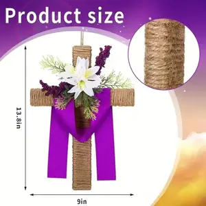 2026 Easter Cross Door Decor, Purple Spring Porch Hanging, Religious Easter Wreath for Front Door, Easter Party & Church Decoration