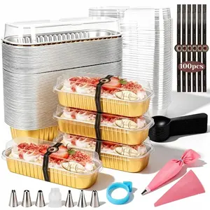 100 Pack Mini Cake Pans with Lids Spoons & 1 Piping Bag and Tips Set – 6.8oz Disposable Aluminum Foil Yellow Mini Loaf Pans for Cake Tins, Baking, Gift & Parties