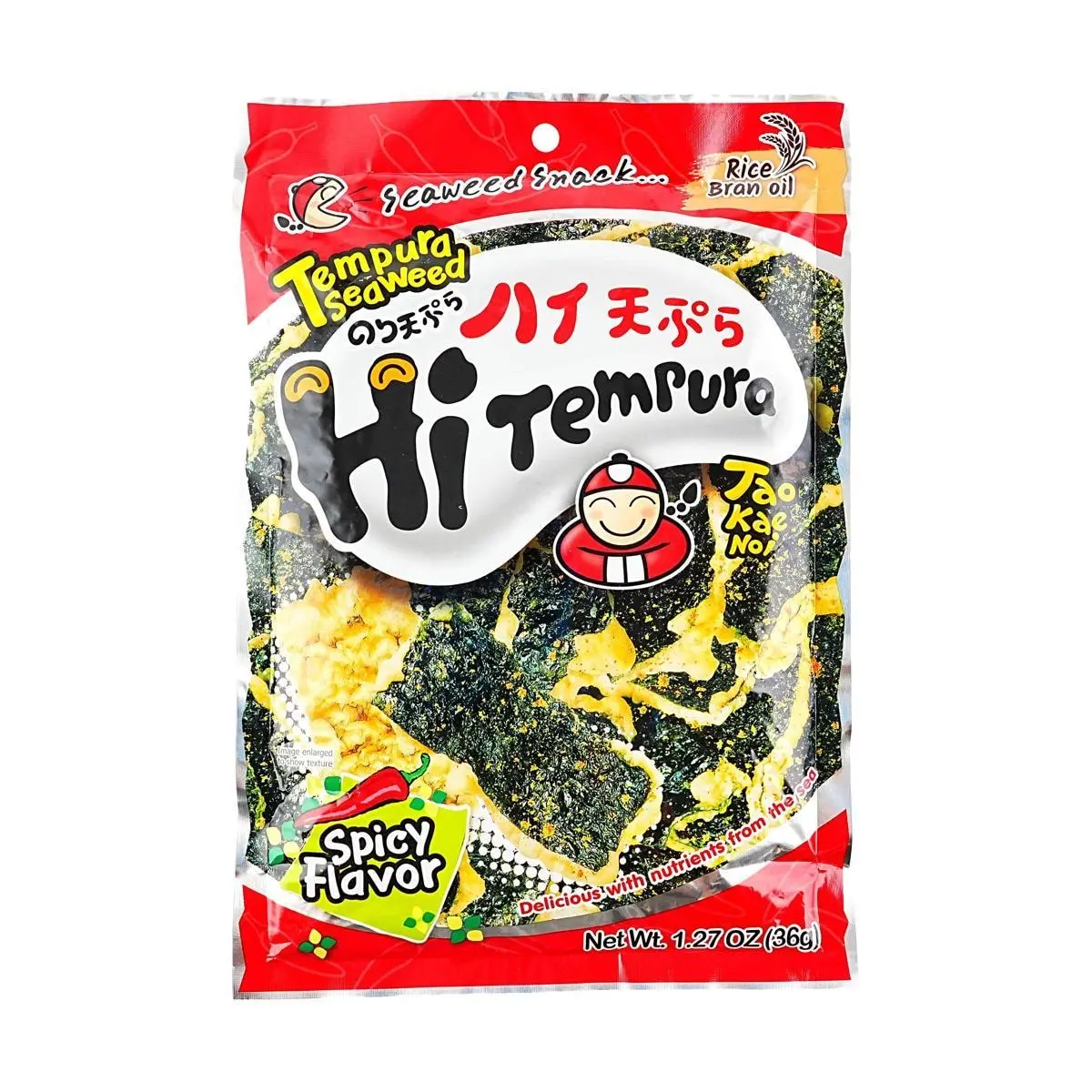 Tao Kae Noi Super Crispy Grilled Tempura Seaweed Snacks, Hot & Spicy Flavor, 1.27 oz Ready-to-Eat Savory Food with Onion, Sugar, Salt