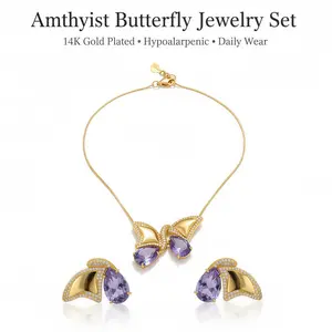 Midnight Mirage--Aesthetic Amethyst Butterfly Jewelry Set 14K Gold Plated Hypoallergenic Daily Wear Necklace & Earrings with Amethyst Gems
