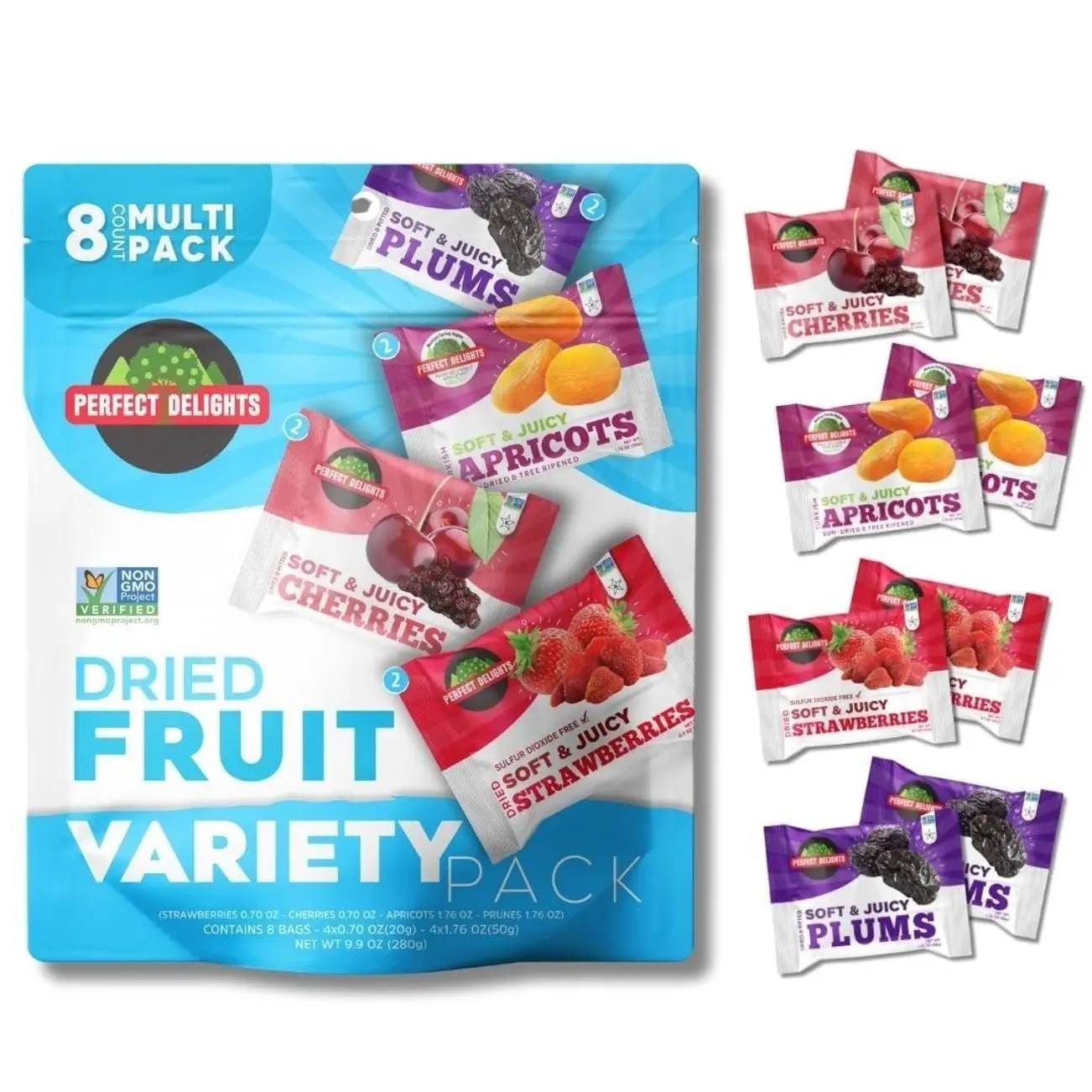 Perfect Delights Multipack Sun-Dried Fruits, Vegan, Healthy Snack Packs, Dried Fruits On-the-Go, Variety Fruit Pack For Kids & Adults, Apricots, Plums, Sour Cherries, Strawberries (8 Pack/ 2 of Each)