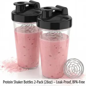 Protein Shaker Bottles 2-Pack (28oz) with Wire Whisk – Leak-Proof, BPA-Free Food-Grade Plastic, Easy Clean Gym & Fitness Shakers