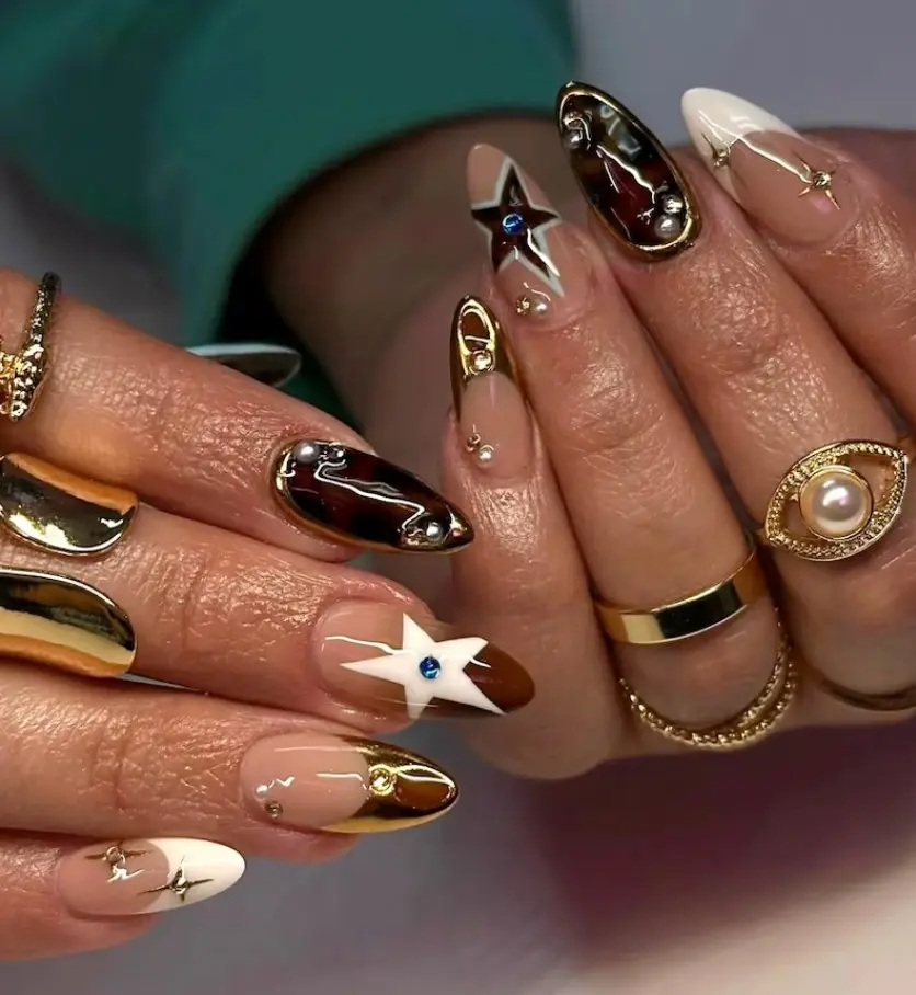 Cowgirl Country Press On Nails, Tortoise Shell & Gold French Tips, Western Star Nail Art Set Country Concert Vibe Gif For Her