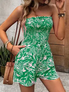 Holiday Beach One Shoulder Elastic Gathered Boho Printed Halter Jumpsuit Suitable for Dates Vacation Beach, Casual Slim-Fitting Overall