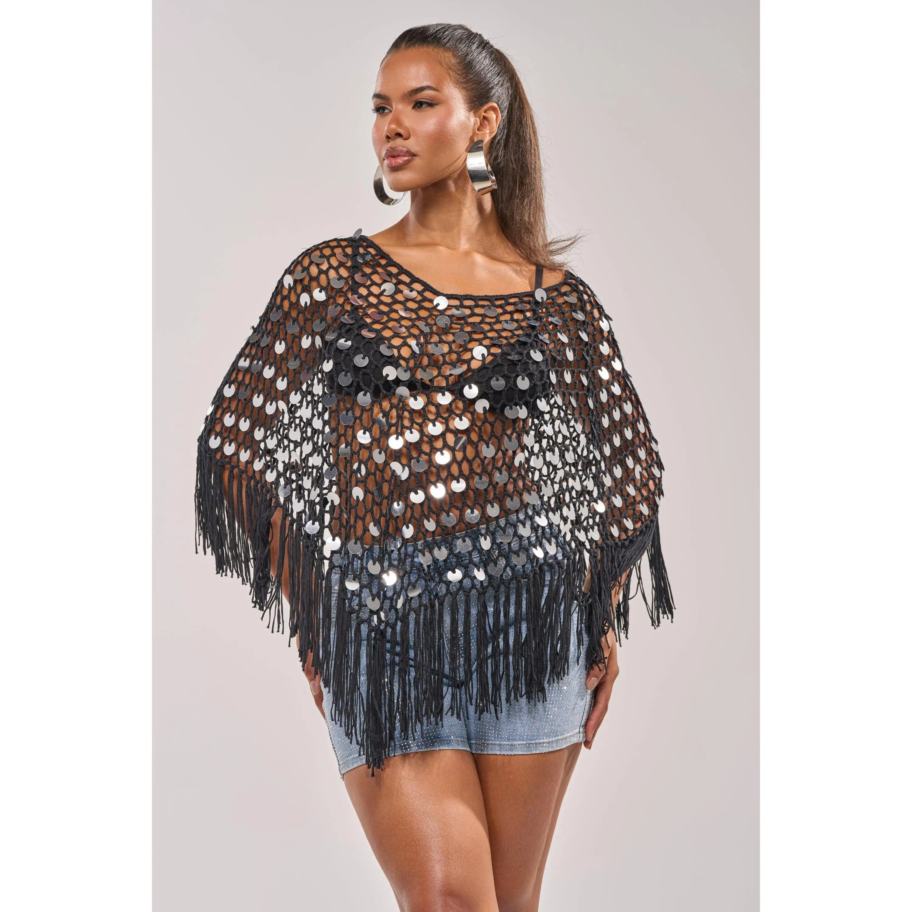 UNDER THE LIGHTS CROCHET SEQUIN PONCHO