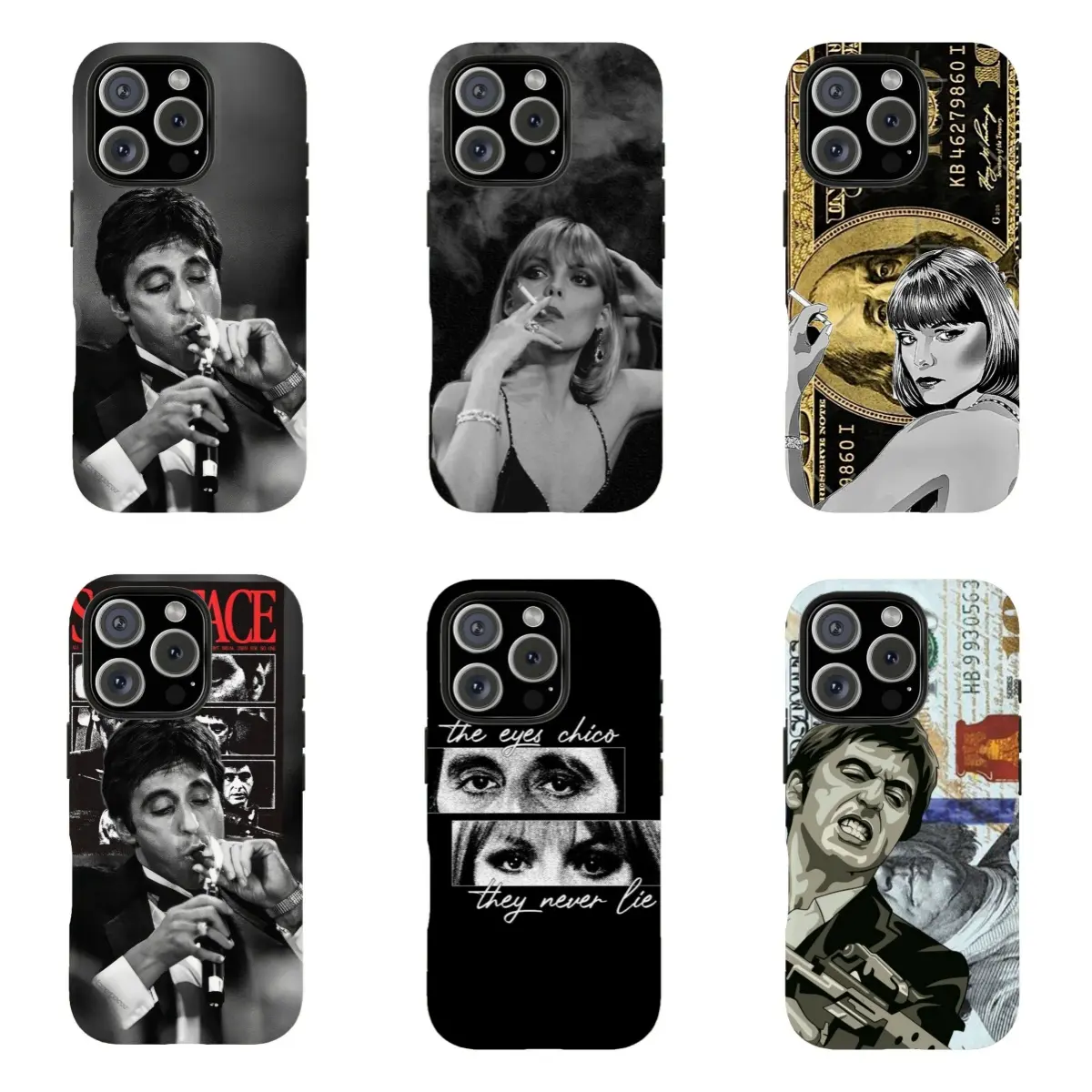 S-Scar.face Tony Montana & Elvira Phone Case Retro Gangster Movie Aesthetic Protective Cover Classic Film Shockproof Case  for iPhone 17Promax 16 15 14 13 12 11 and for Samsung S21-S25 Gift for Movie Fans