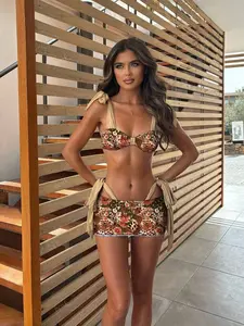 Women's Short Apron Bikini Set, Floral Print Lace-Up Swimsuit, Sexy Beachwear, Beach Bathing Suit, Floral Swimsuits, Fitted Triangle Swimwear, Floral Bikini Top, All Seasons