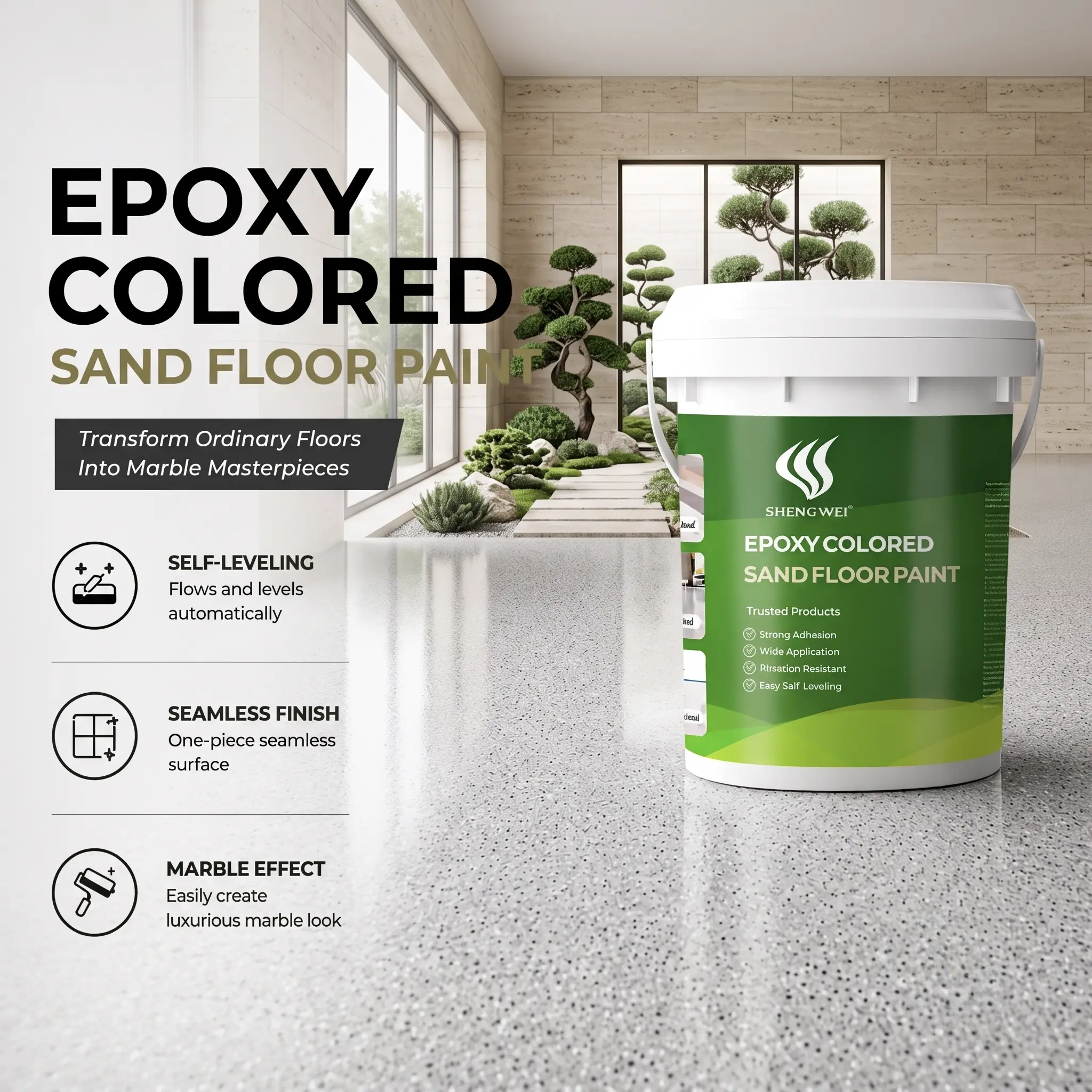 Imitation Marble Floor Paint Kit, realistic marble veining. High hardness, waterproof & wear-resistant. Direct application on concrete floors. Great for garages, showrooms and shops to achieve luxury marble flooring.
