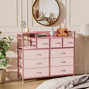 【Christmas Gift】Dresser Tv Stand With Charging Station And Open Shelves 9 Drawer Fabric Storage Chest Wood Top Steel Frame Anti Tip Safety Spacious Organization For Living Room Entryway Bedroom 39 Inch Wide Pink