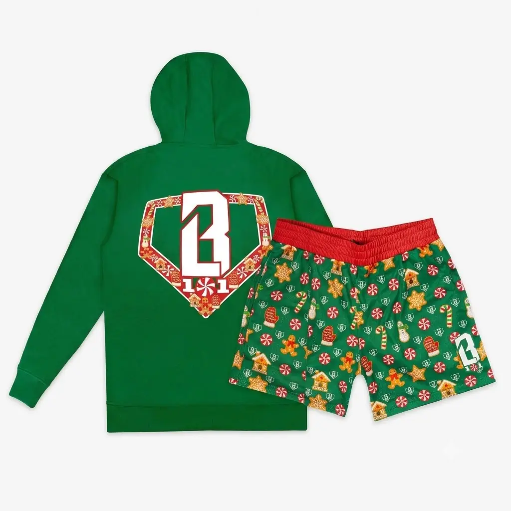 Baseball Lifestyle Holiday Home Plate Set, Christmas Graphic Pullover Hoodie & Matching Mesh Shorts