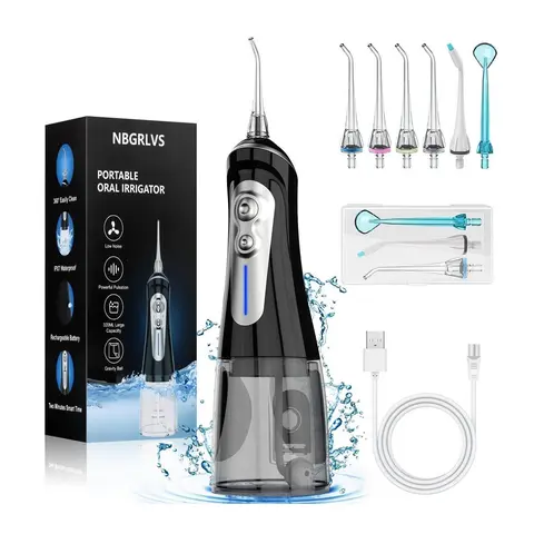 NBGRLVS Cordless Dental Water Flosser - Portable Oral Irrigator for Adults, 6 Cleaning Modes, 350ML Tank, USB Charge, Built-in Batteries & Cells, IPX7 Waterproof, 6 Replacement Nozzles, Home & Travel Plaque Removal for Gum Health
