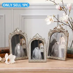 Baroque Style Resin Silver Color Floral Arch Photo Frame, Modern Decorative Picture Frame for Bedroom, Living Room, Wedding, Birthday