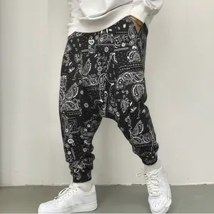 Menswear Aesthetic & Alt-Fashion Men's Pants - Black Paisley Print Baggy Harem Pants, Men's Casual Streetwear Drop Crotch Joggers with Elastic Cuffs