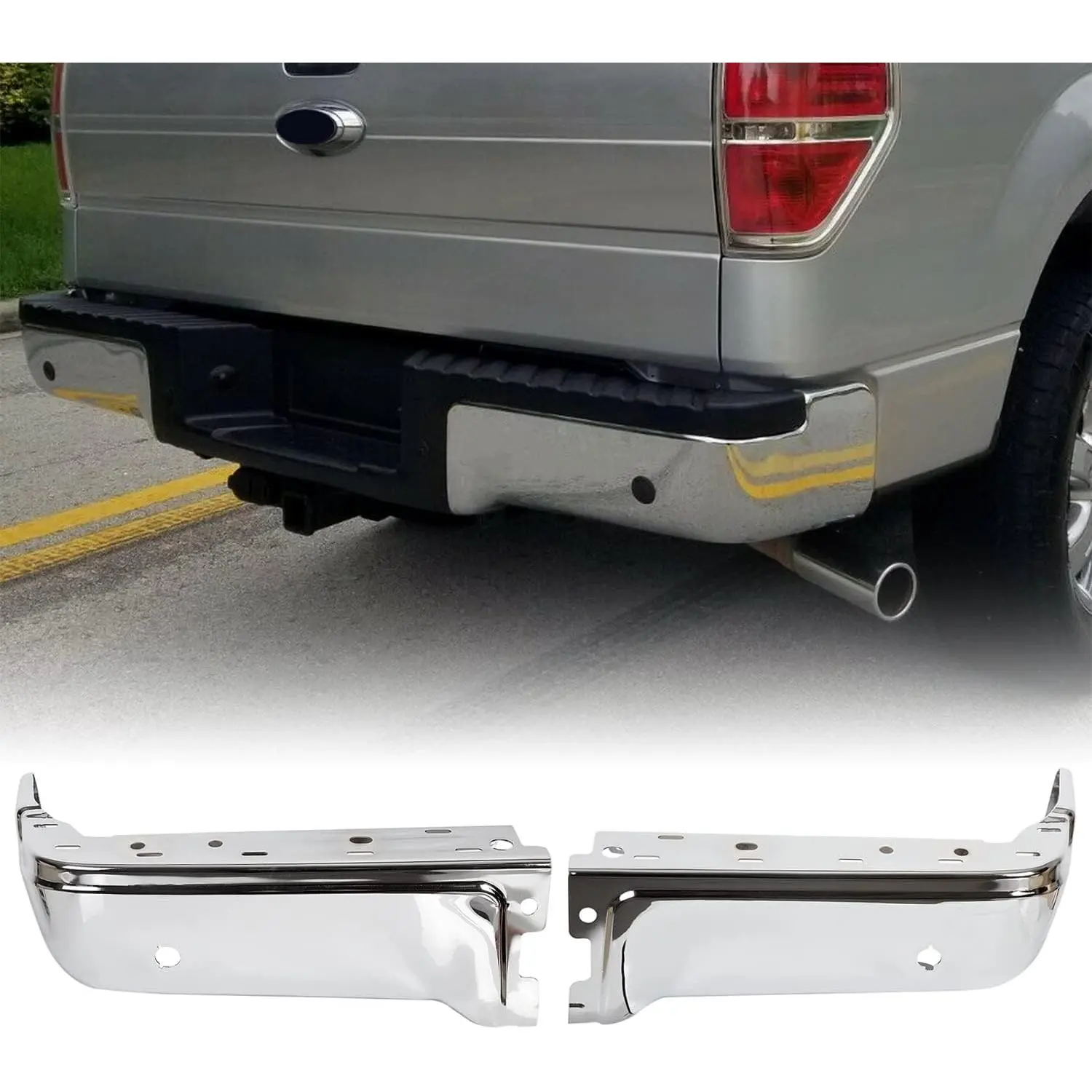 KQQIO Rear Bumper End Cap Pair - Steel Chrome Finish, Passenger & Driver Side End Cover Face Bar, Vehicle-Specific Fit for 2008-2014 Ford F150 & Lincoln Mark LT, Sensor Hole Included, Replacement for FO1102372 FO1102374, End Cover Face Bar Pair