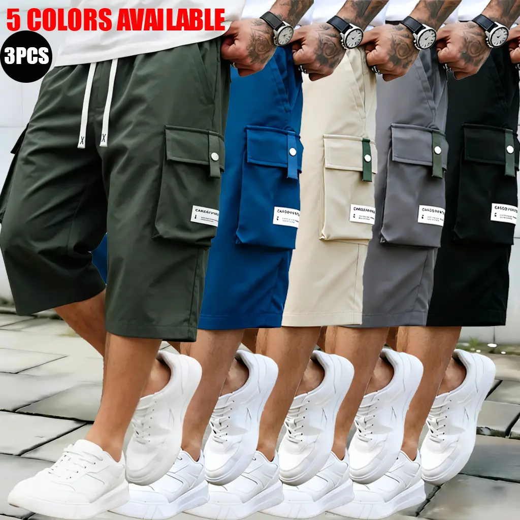 Men's Casual Knee-Length Utility Cargo Shorts 3-Pack - Breathable Elastic Fabric, Loose Stretch Baggy Mid-Waist Bottoms, Multi-Pockets, Drawstring Waist, Street Stylish Menswear, Side Flaps
