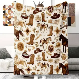 Thick Warm Western Cowboy Print Flannel Throw Blanket - 1pc, 280GSM, Fading-Proof, Soft, Versatile for Couch, Bed, Cozy Flannel Bedding Linen, Thick Warm Blanket