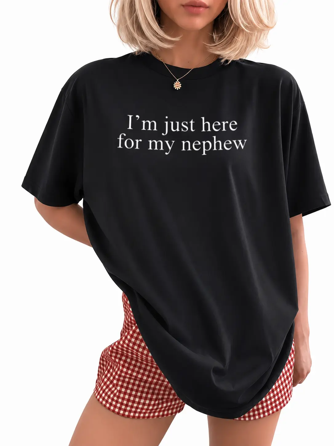 Women's "I’m Just Here for My Nephew" Funny Crew Neck Short Sleeve All-Seasons Casual Female Tee - Family Support Auntie Gift, Soccer Game Wear, Everyday Fabric