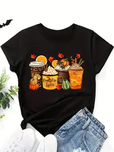 Pumpkin Spice Coffee Print T-Shirt - Women's Fall Autumn Graphic Tee, Short Sleeve Round Neck Casual Top