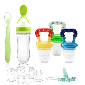 Food Feeder for Baby, Fruit Feeder Pacifier (3 Pcs) with 6 Different Sized Silicone Pacifiers,Silicone Baby Food Dispensing Spoon 90ML with Babies Spoons,Pacifier Clip Babies Feeding Set
