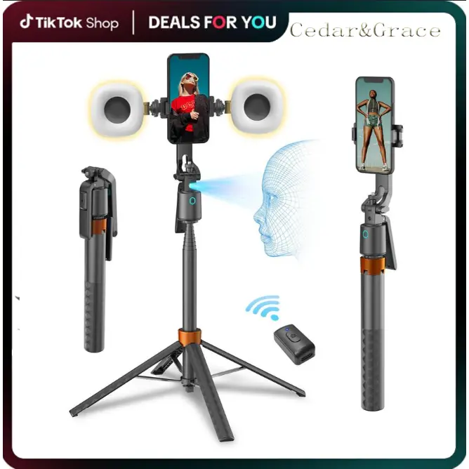 360-Rotatable Selfie Stick Tripod with Bluetooth Remote Control, Rechargeable Automatic Smart Face Tracking Grip with 2 Fill Lights, Portable Party Gift with Storage Function
