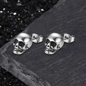 GTHIC Punk Skull Head Stainless Steel Stud Earrings Dark Aesthetic Jewelry for Casual Outfits