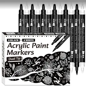 Black White Acrylic Paint Pen, Acrylic Marker,12 Pcs Brush and Fine Dotl Tip Permanent Black White Paint Markers for Paper, Rock Painting, Wood Sign, Metal, Plastic, Ceramic Drawing, Acrylic Marker Pens, Art Markers Pen