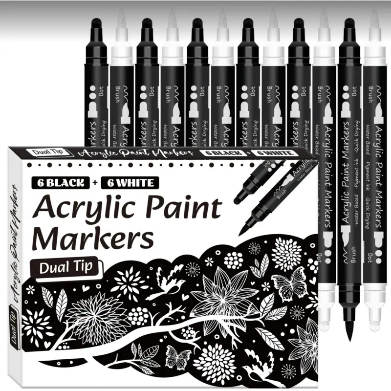 Black White Acrylic Paint Pen, Acrylic Marker,12 Pcs Art Markers Set Brush and Fine Dotl Tip Permanent Black White Paint Markers for Paper, Rock Painting, Wood Sign, Metal, Plastic, Ceramic Drawing