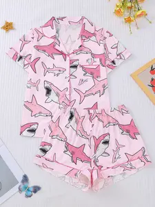Women's Cartoon Shark Print Pajama Set, Short Sleeve Button Front Top & Elastic Shorts, Casual Home Wear, Loungewear, All Seasons